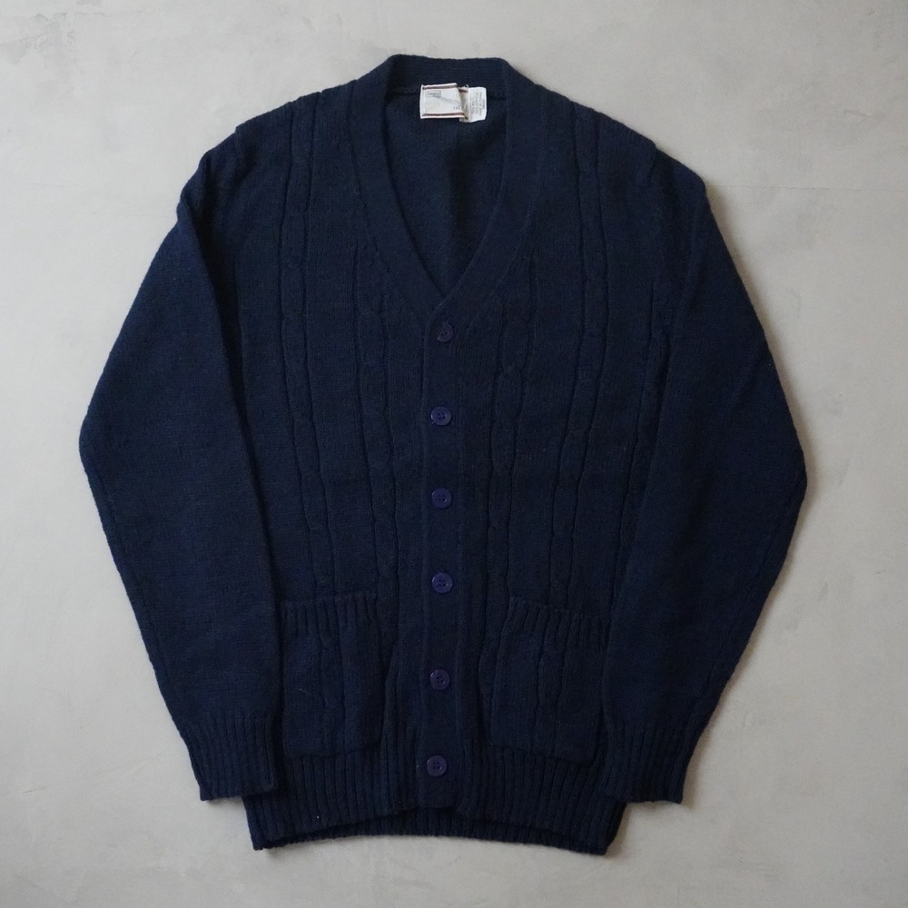Vintage Sears Cardigan Sweater Tall L Navy Blue Wool Blend Cable Knit 90s